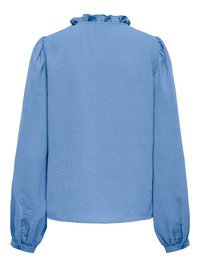 Blouse bleu clair à manches longues en tissu texturé, col à volants, épaules bouffantes et poignets boutonnés vue de dos.