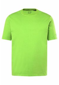 T-shirt verde in cotone con collo rotondo, maniche corte e taglio dritto. Caratterizzato da un design semplice e una texture liscia. Senza motivi né dettagli.