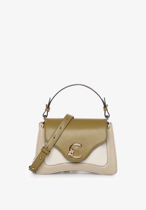 Borsa in pelle beige e verde oliva con patta curva, chiusura dorata, manico superiore e tracolla regolabile.