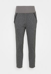 Pantalones sudaderos tapered de color gris oscuro con una amplia cinturilla acanalada, bolsillos laterales con ribete negro y una sutil textura jaspeada.