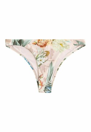 Gėlėtu raštu išmargintos bikini kelnaitės švelnių pastelinių spalvų, su žaliais lapais bei persikų, baltomis ir geltonomis gėlėmis ant šviesiai rožinės medžiagos.
