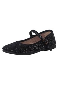 Bailarinas de ante negro con un diseño multicolor brillante, punta redondeada y una tira decorativa con detalle de hebilla.