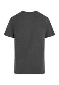 Dunkelgraues Baumwoll-T-Shirt mit kurzen Ärmeln, Rundhalsausschnitt und glatter Textur. Keine sichtbaren Muster oder Akzente. Normale Passform.
