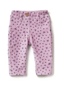 Corduroy broek in lichtpaars met een bloemenpatroon. Kenmerken zijn een knoopsluiting, frontzakken en textuurstof.