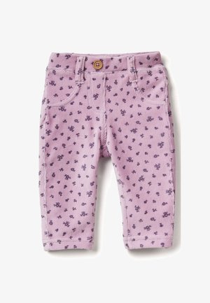 Lichtlila Cordhosen mit floralem Muster. Die Merkmale umfassen einen Knopfverschluss, frontale Taschen und einen strukturierten Stoff.