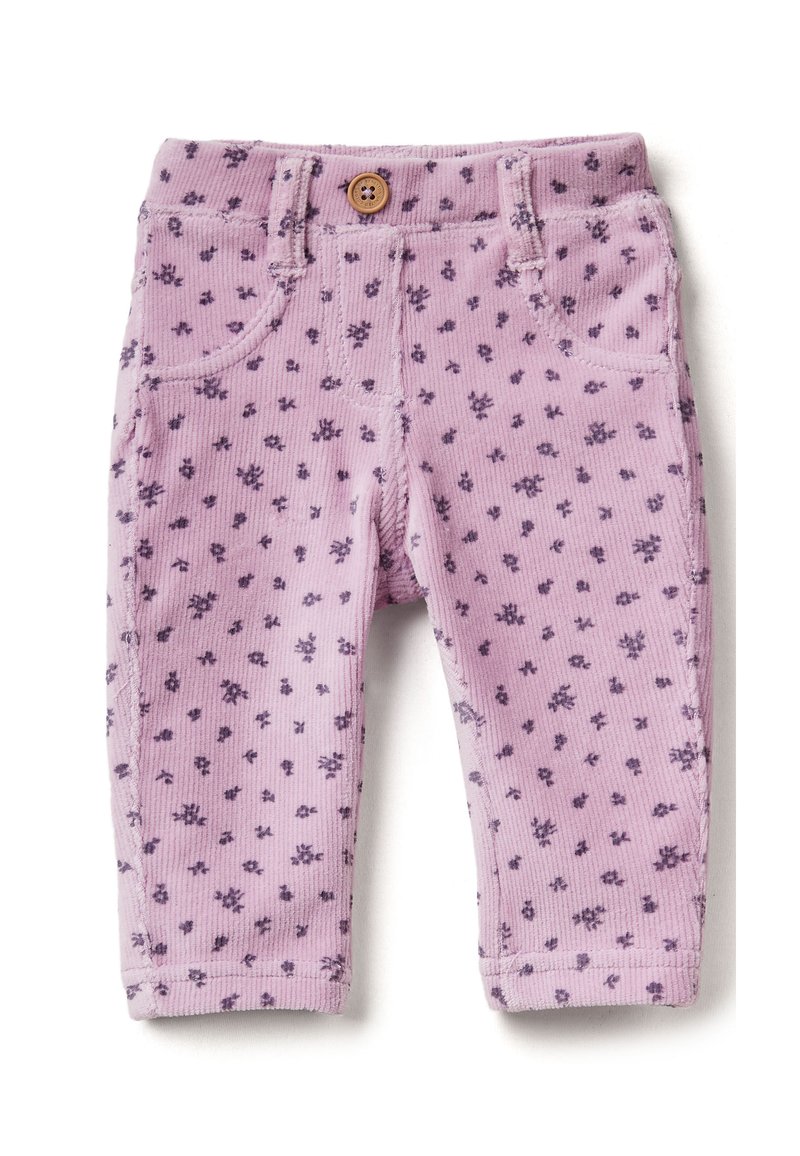 Corduroy broek in lichtpaars met een bloemenpatroon. Kenmerken zijn een knoopsluiting, frontzakken en textuurstof.
