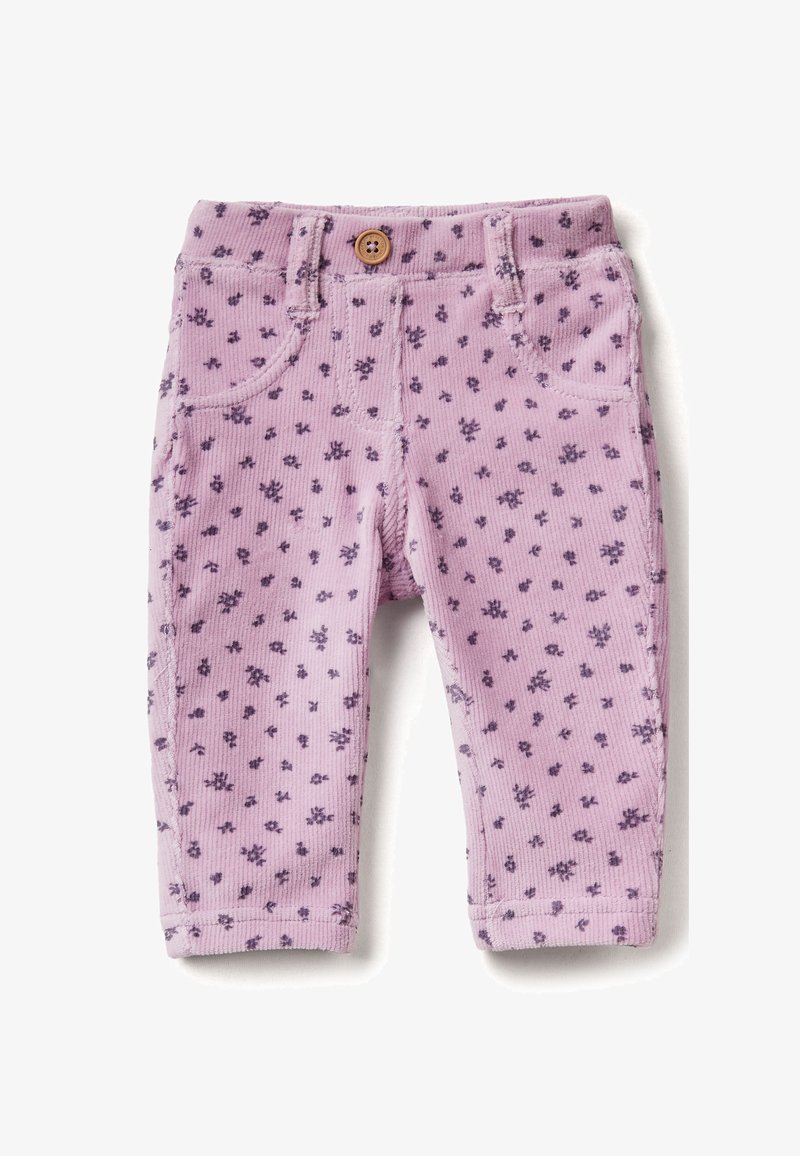 Corduroy broek in lichtpaars met een bloemenpatroon. Kenmerken zijn een knoopsluiting, frontzakken en textuurstof.