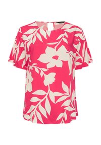 Top floreale a maniche corte di un vivace colore rosa con grandi motivi di fiori e foglie bianche; scollo tondo e design rilassato.