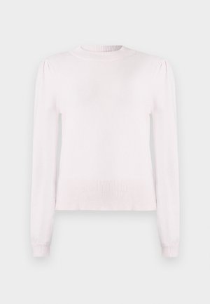 Sweater longo de manga longa rosa pálido, feito de um tecido de malha suave. Apresenta um decote redondo ribateado e bainha com detalhes de ombros levemente bufantes.