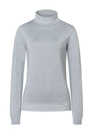 Hellgrauer Rollkragenpullover aus weichem Stoff, mit langen Ärmeln und gerippten Bündchen sowie Kragen. Einfaches Design ohne Muster.
