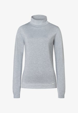 Hellgrauer Rollkragenpullover aus weichem Stoff, mit langen Ärmeln und gerippten Bündchen sowie Kragen. Einfaches Design ohne Muster.
