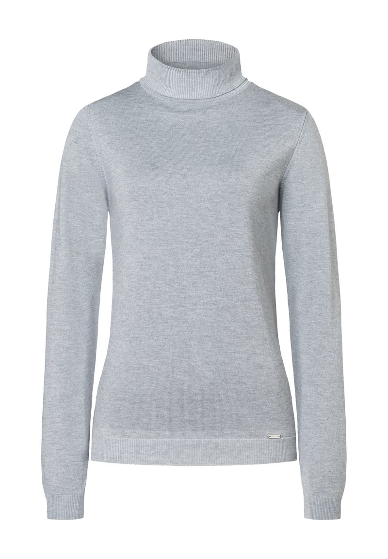 Hellgrauer Rollkragenpullover aus weichem Stoff, mit langen Ärmeln und gerippten Bündchen sowie Kragen. Einfaches Design ohne Muster.