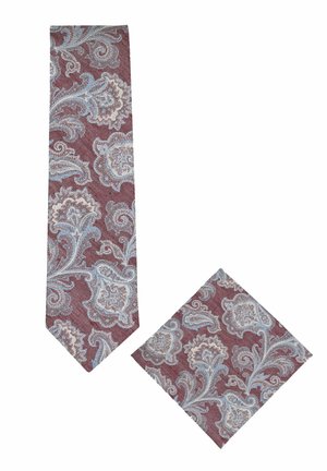 Burgunderrote Krawatte und passendes Einstecktuch mit hellblauem und beigem floralen Paisley-Muster auf strukturiertem Stoff.