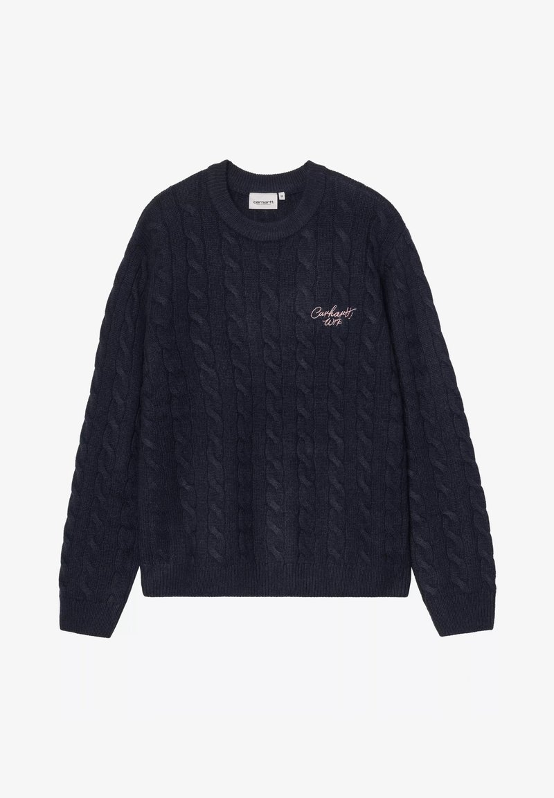 Maglione blu navy a trecce con scollo rotondo, maniche lunghe e logo ricamato rosa sul petto. Realizzato in materiale lavorato a maglia strutturato.