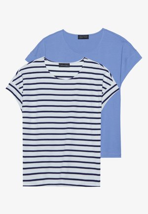Two t-shirts: one solid light blue and one white with navy horizontal stripes. Both have short sleeves and a round neckline.