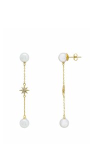 Gold chain earrings featuring two white pearls and a star-shaped accent with gemstones, showcasing a delicate and elongated design.