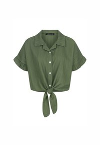 Cămașă scurtă de culoare verde măslin, cu mâneci scurte, colorată, cu nasturi în față și un detaliu de nod la talie. Material texturat cu striații subtile.
