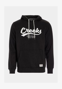 Sudadera negra de tela suave con un bolsillo frontal. Presenta un logo blanco de "Creeks", cordones, mangas texturizadas y un dobladillo acanalado.