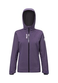 Purple waterproof jacket with hood, full front zipper, and white "MILLET" logos on chest and left sleeve.