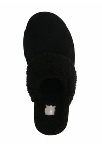 Zwarte slipper met een zacht gestructureerd bovenwerk en een pluizige rand. Gesloten te ontwerp met een gevoerde zool voor comfort.