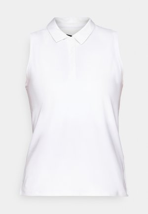 Bezroku balts polo krekls ar apkakli un četriem pogām priekšpusē, attēlots pret vienkāršu fonu.