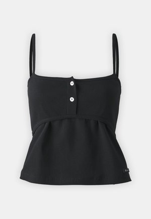 Fekete bordázott crop top vékony pántokkal, gombos elülső résszel és fodros derékkal. Puha tapintás és testhezálló kialakítás.