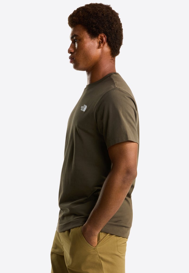 Olive green short-sleeve t-shirt in a soft fabric, featuring a small white logo on the chest, with a relaxed fit and round neckline.
