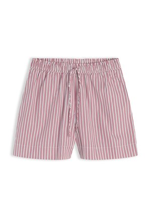 Gestreepte korte broek van rode en witte katoen met elastische tailleband en vooraan trekkoord, ontworpen voor casual gebruik.