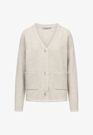 Light beige knitted cardigan with a V-neck, two front pockets, and a button closure. Features ribbed accents at cuffs and hem.