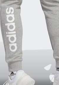 Pelēkie sporta bikses ar lielu baltu "adidas" logotipu sānos. Iezīme elastīgi piedurkņu gali un mīksta frotē tekstūra. Valkā ar baltām sporta kurpēm.