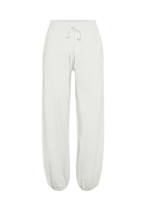 Pantalones deportivos de color gris claro con cintura elástica, cordón ajustable, bolsillos laterales y puños elásticos en los tobillos.