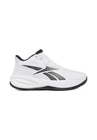 Valge sportlik toss mustade triipude ja detailidega, võrgust pealiskihiga, pehmendatud tallaga ning musta sisevoodriga, küljepealt valgel taustal.