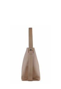 Beige leren handtas met een gestructureerd ontwerp, enkele platte riem en een rechthoekige vorm. Voorzien van minimalistische metalen accenten.