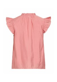 Blouse rose sans manches avec col à volants et manches évasées, réalisée en tissu léger avec une coupe ample.