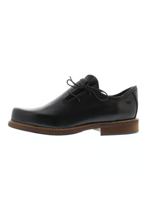 Schwarze Lederschuhe mit glatter Oberfläche, runder Zehenform, kontrastierender brauner Sohle und Schnürverschluss. Minimalistisches Design mit minimalen Akzenten.