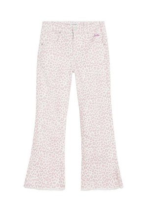 Pantalones blancos con estampado de leopardo rosa claro, cierre frontal con botón y cremallera, y piernas ligeramente acampanadas.