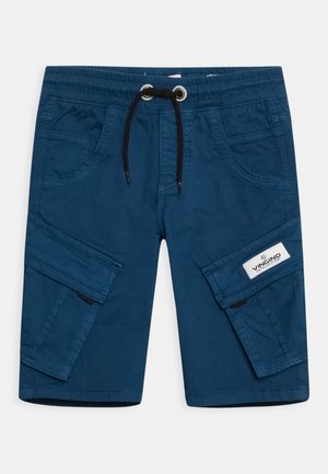 Shorts cargo bleus avec une taille élastique, cordon de serrage, deux poches avant et deux poches latérales. Comprend un patch logo sur la jambe droite.