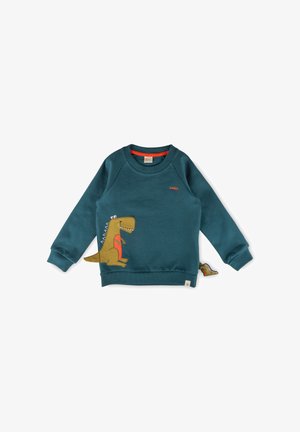 Türkisfarbener Sweatshirt für Kleinkinder mit einem lächelnden Cartoon-Dinosaurier auf der Vorderseite und einem kleinen dreieckigen Dinosaurierschwanz an der Seite.