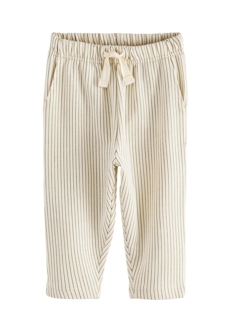 Bež hlače jogger s črtami, narejene iz mehke tkanine, z elastičnim pasom z vrvico in dvema stranskima žepoma.