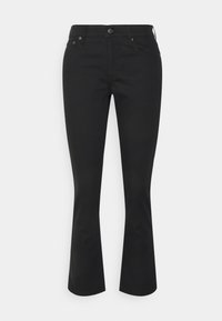 Svarta, utsvängda jeans tillverkade av ett mjukt, elastiskt tyg. Har framfickor, knäppning med knapp och dragkedja samt bälteshällor.