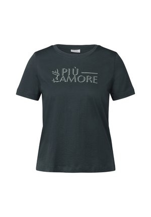 Camiseta de algodón verde oscuro con manga corta y escote redondo. Presenta el texto "PIÙ AMORE" en letras de color claro en el frente.