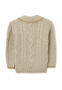 Beige gebreide trui met een gestructureerd kabelpatroon, met een ribbelkraag en -zoom, verfraaid met een gouden lijn bij de kraag.