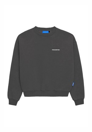 Grauer Sweatshirt mit Rundhalsausschnitt. Mit weißem Text "VERBOTEN" auf der Vorderseite und einem blauen Etikett-Akzent am linken Ärmel.