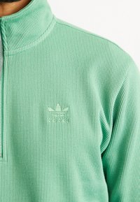 Muž ve světle zelené texturované mikině na zip s vyšívaným logem Adidas na hrudi na bílém pozadí.