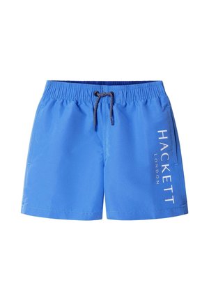 Blauwe zwemshorts van lichtgewicht stof met een elastische tailleband en trekkoord. Heeft witte tekst "HACKETT LONDON" aan de zijkant.