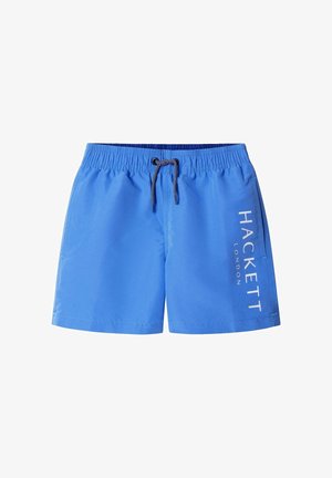 Pantaloncini da bagno blu realizzati in tessuto leggero con vita elasticizzata e coulisse. Presentano una scritta bianca "HACKETT LONDON" sul lato.