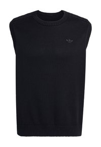 Crni pleteni bezrukavnik s rebrastim okruglim izrezom i rubom, s malim Adidas logom na lijevoj strani prsnog koša.