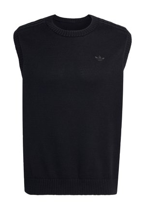 Czarna dzianinowa kamizelka bez rękawów z prążkowanym okrągłym dekoltem i dołem, z małym logo Adidas po lewej stronie klatki piersiowej.