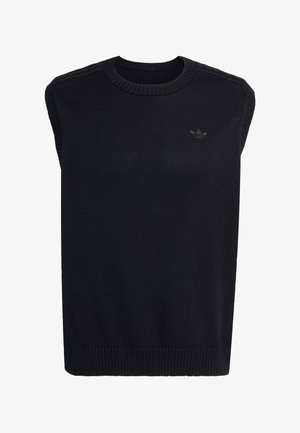 Black knitted sleeveless vest with ribbed crew neck and hem, featuring a small Adidas logo on the left chest.