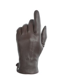 Rudas odinis pirštinės, su pirštų siūlėmis, užaštrintu pirmuoju pirštu ir spaudžiamuoju užsegimu ties riešu. Sklandus paviršius su minimaliais siūlių detalėmis.